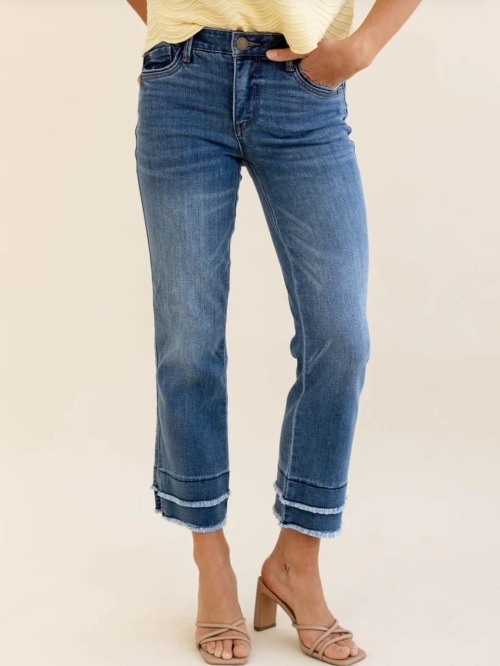 Democracy Mid Blue Cropped Flare Jeans with Frayed Double Hem